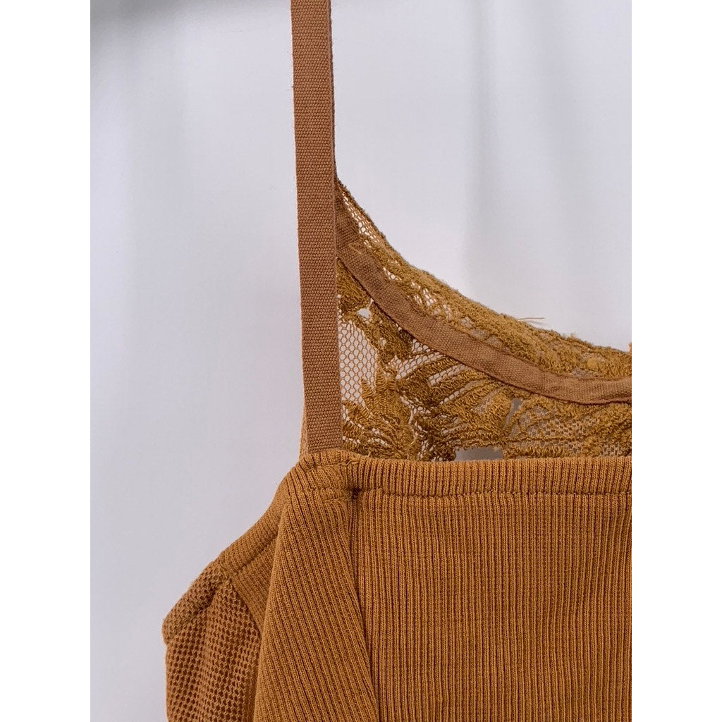 FREE PEOPLE Women's Camel Brown Embroidered Button-Up Crop-Top SZ S