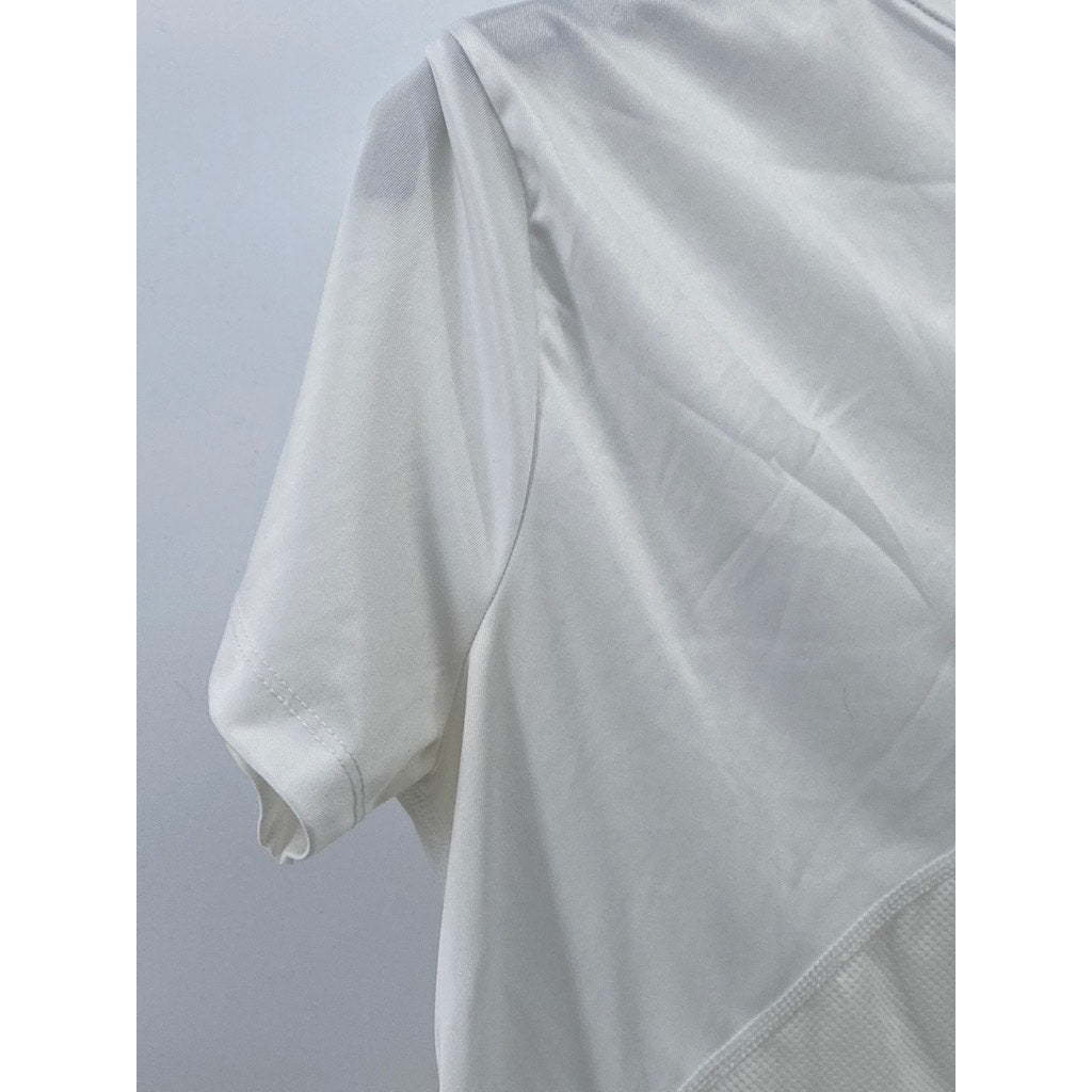 NIKE Women's White Crewneck Dri-Fit Large Swoosh Short Sleeve Running Top SZ M