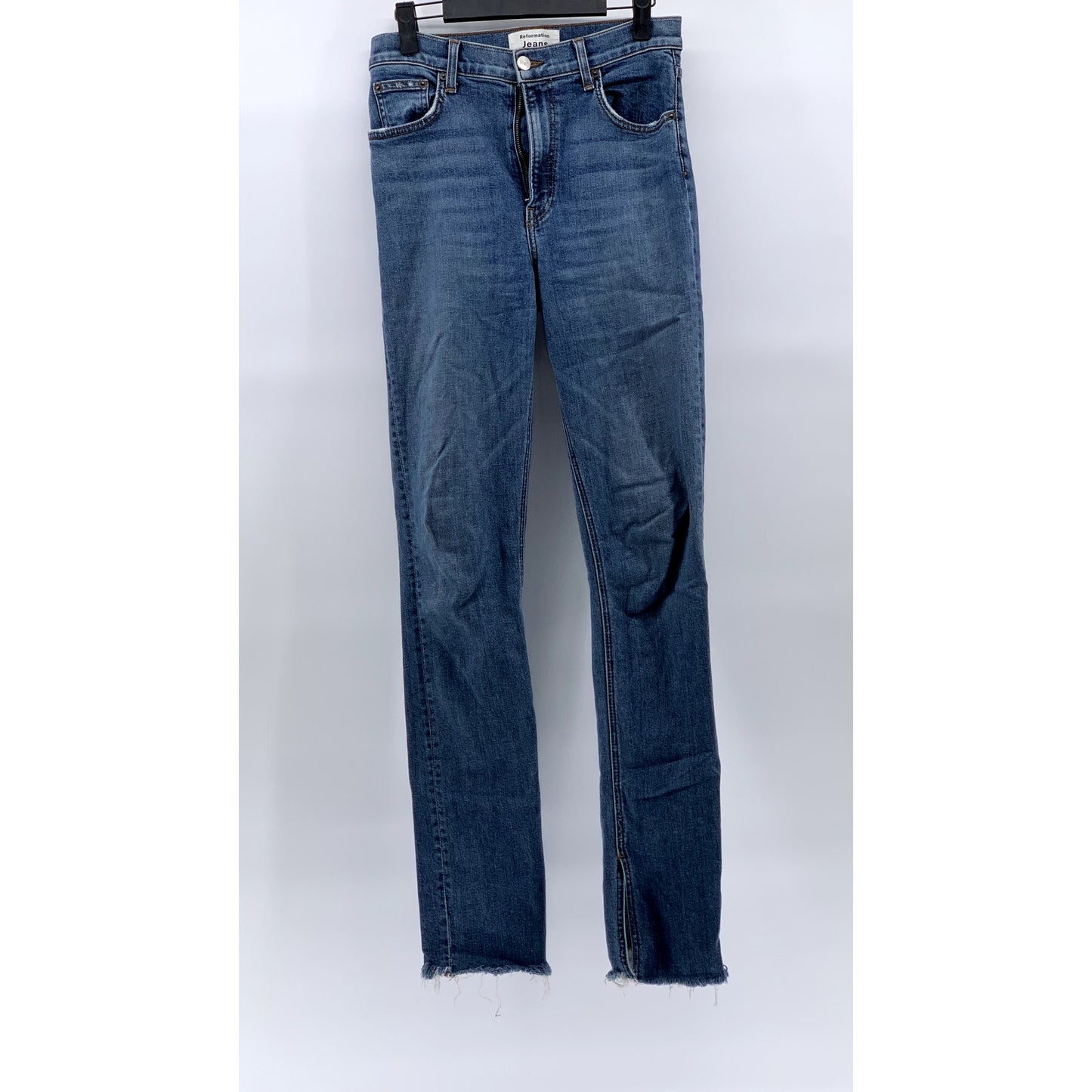 REFORMATION JEANS Women's Medium Wash Blue Riley Skinny Distressed Jeans SZ 27