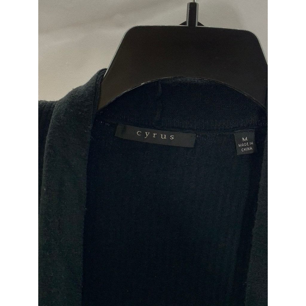 CYRUS Women's Black Solid Open-Front Shawl-Collar Ribbed Cardigan SZ M