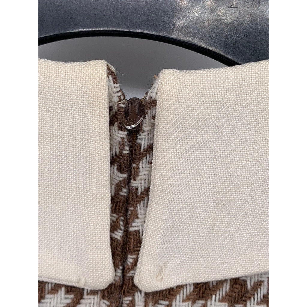 UNBRANDED Women's Brown-Cream Houndstooth Prairie Long Sleeve Sheath Dress SZ S