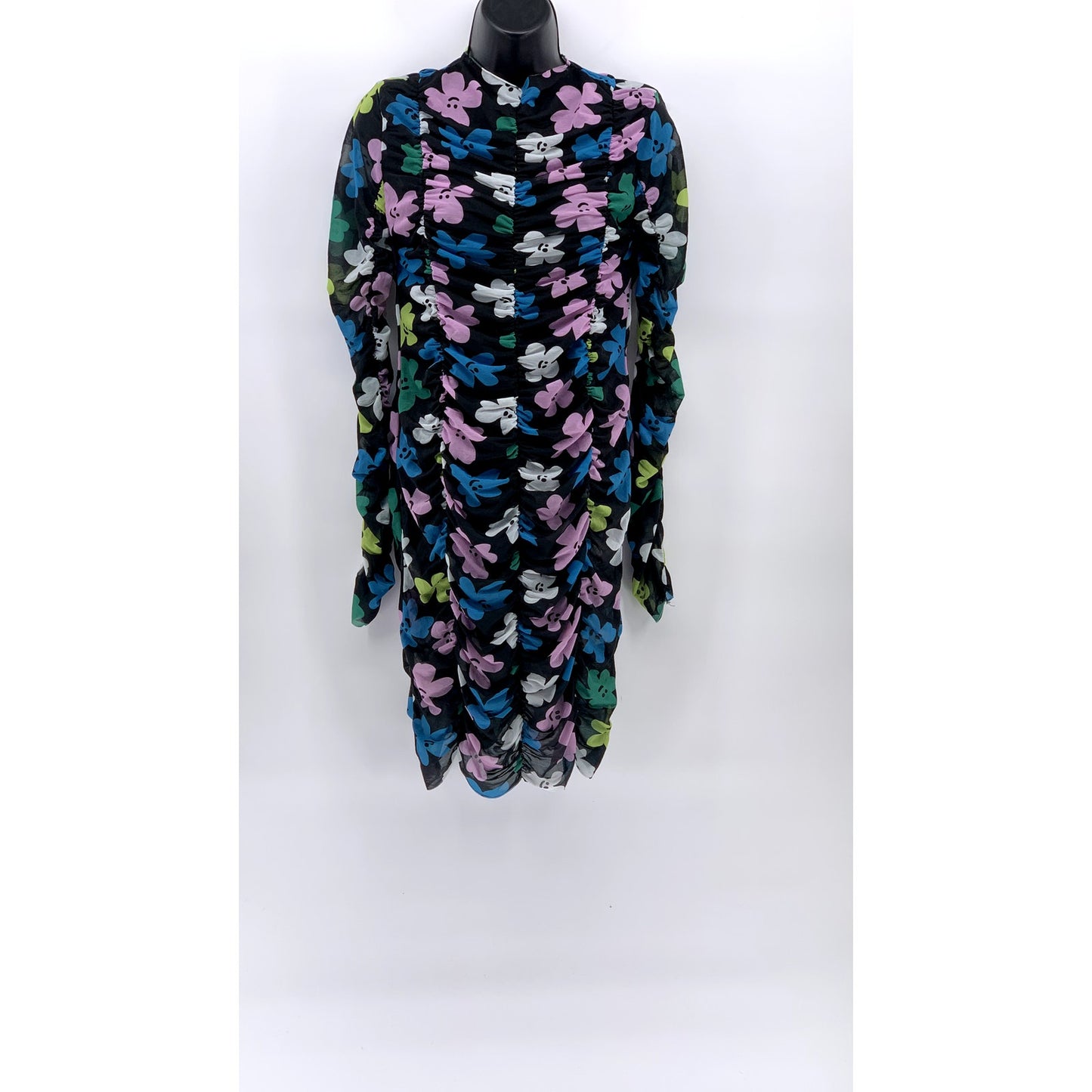COLLUSION Women's Black Daisy Floral Print Sheer Ruched Bodycon Mini Dress SZ 12