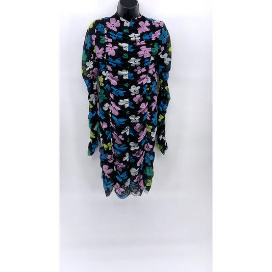 COLLUSION Women's Black Daisy Floral Print Sheer Ruched Bodycon Mini Dress SZ 12
