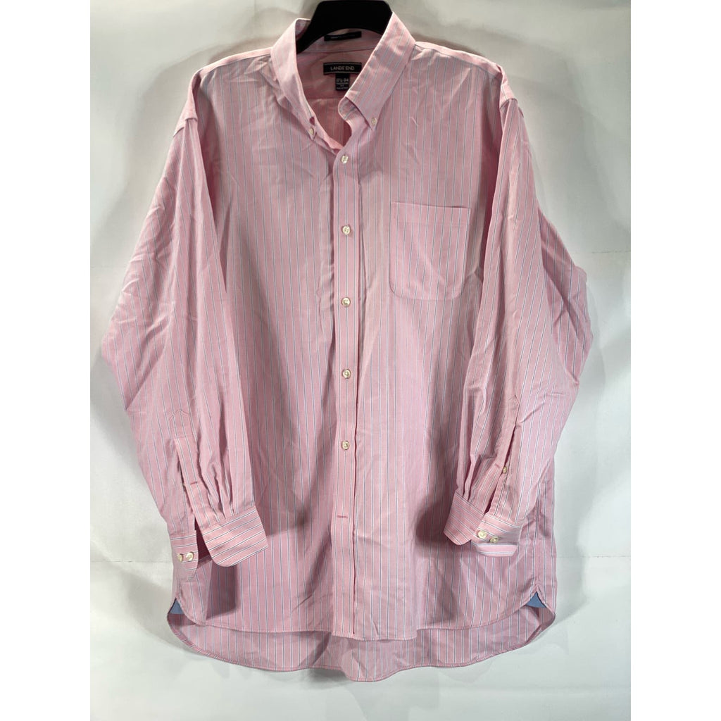 LANDS' END Men's Pink Striped Traditional-Fit No Iron Oxford Shirt SZ 17.5-34