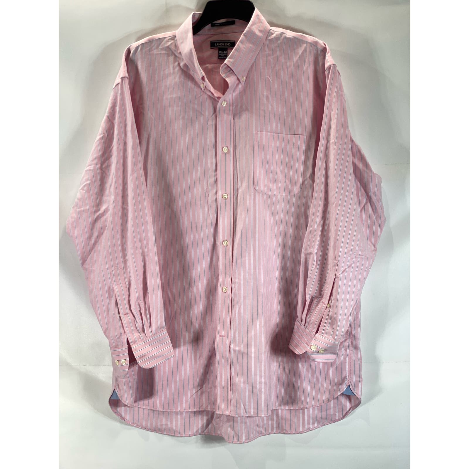 LANDS' END Men's Pink Striped Traditional-Fit No Iron Oxford Shirt SZ 17.5-34