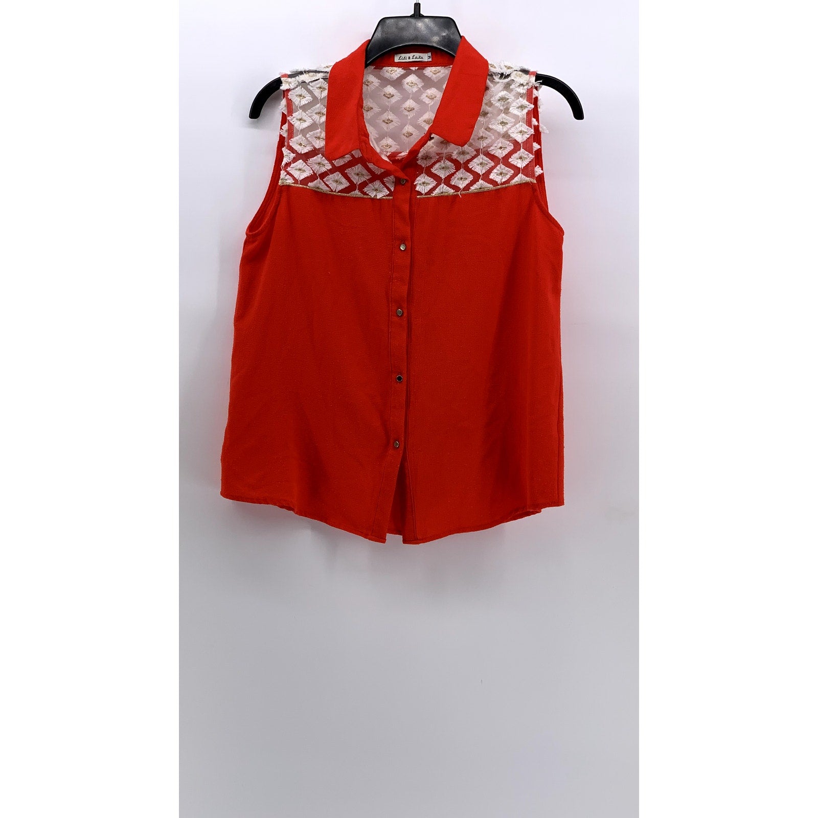 LILI & LALA Women's Orange-White Embroidered Mesh Sleeveless Button-Up Top SZ M
