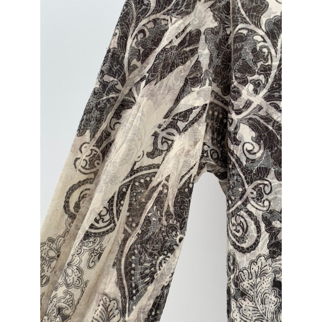 LOVE AMOUR Women's Wihte-Black Y2K Floral 3/4 Sleeve Top SZ M
