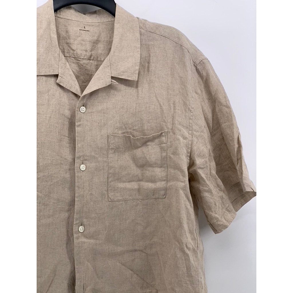 MUJI Men's Light Brown Linen Regular-Fit Button-Up Short Sleeve Shirt SZ L
