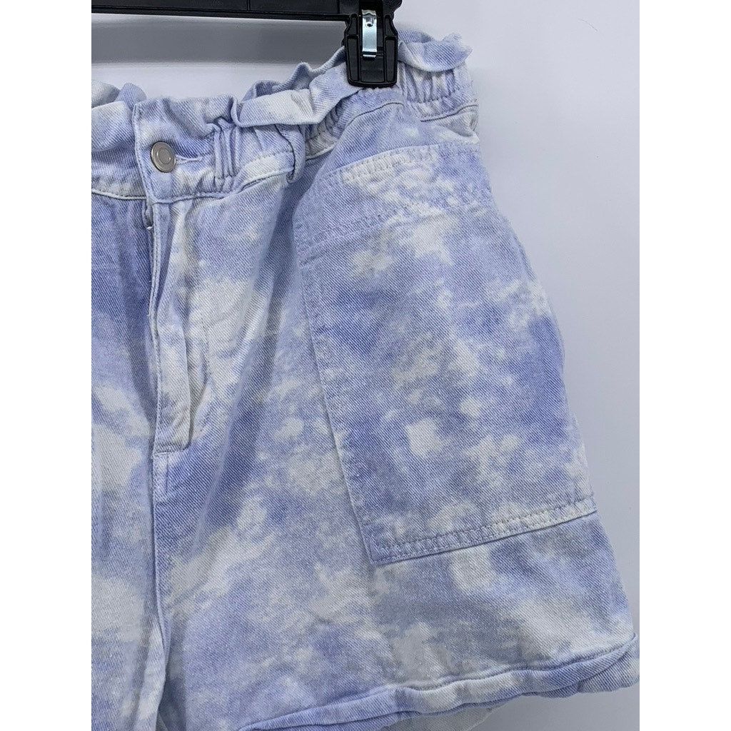 ELODIE Women's Blue-White Tie-Dye Cuffed High-Rise Paperbag Shorts SZ XL