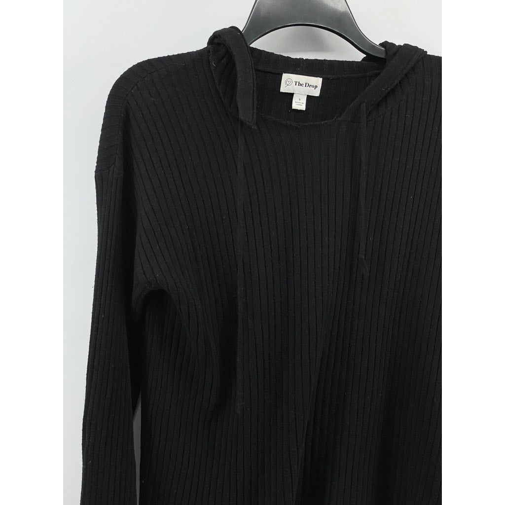THE DROP Women's Black Wide-Rib Hooded Long Sleeve Pullover Sweater SZ S