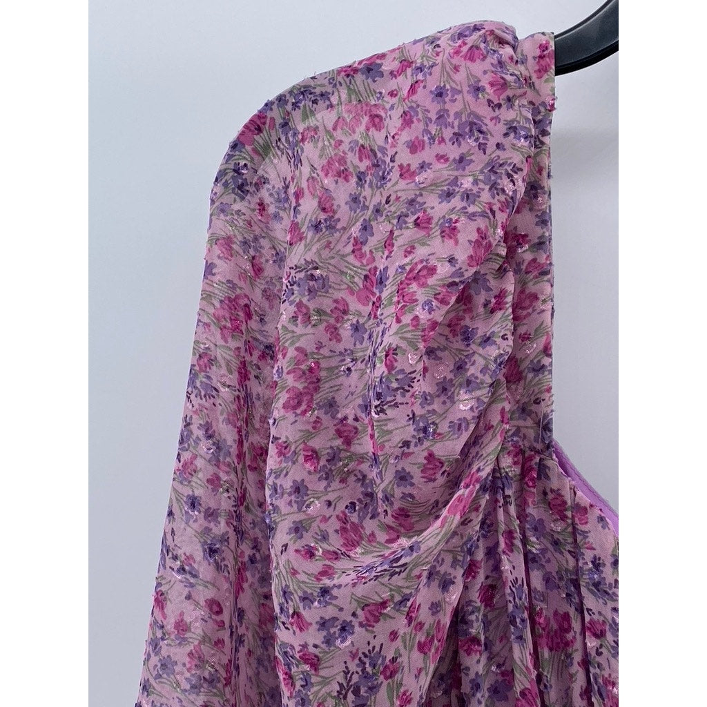 ZARA Women's Lilac Floral Print Ruched Ruffle Balloon-Sleeve Mini Dress SZ S