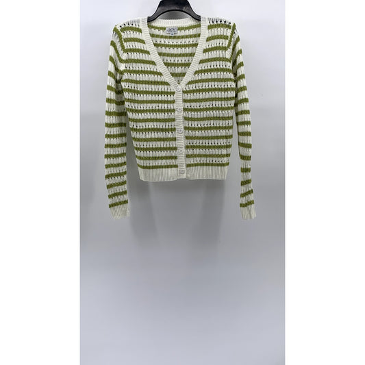 ANNA KAY Women's White-Green Knit Striped Button-Up Long Sleeve Cardigan SZ M