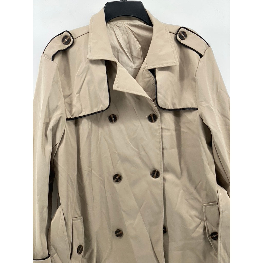 UNBRANDED Women's Khaki-Black Double-Breasted Notch Collar Belted Coat SZ M