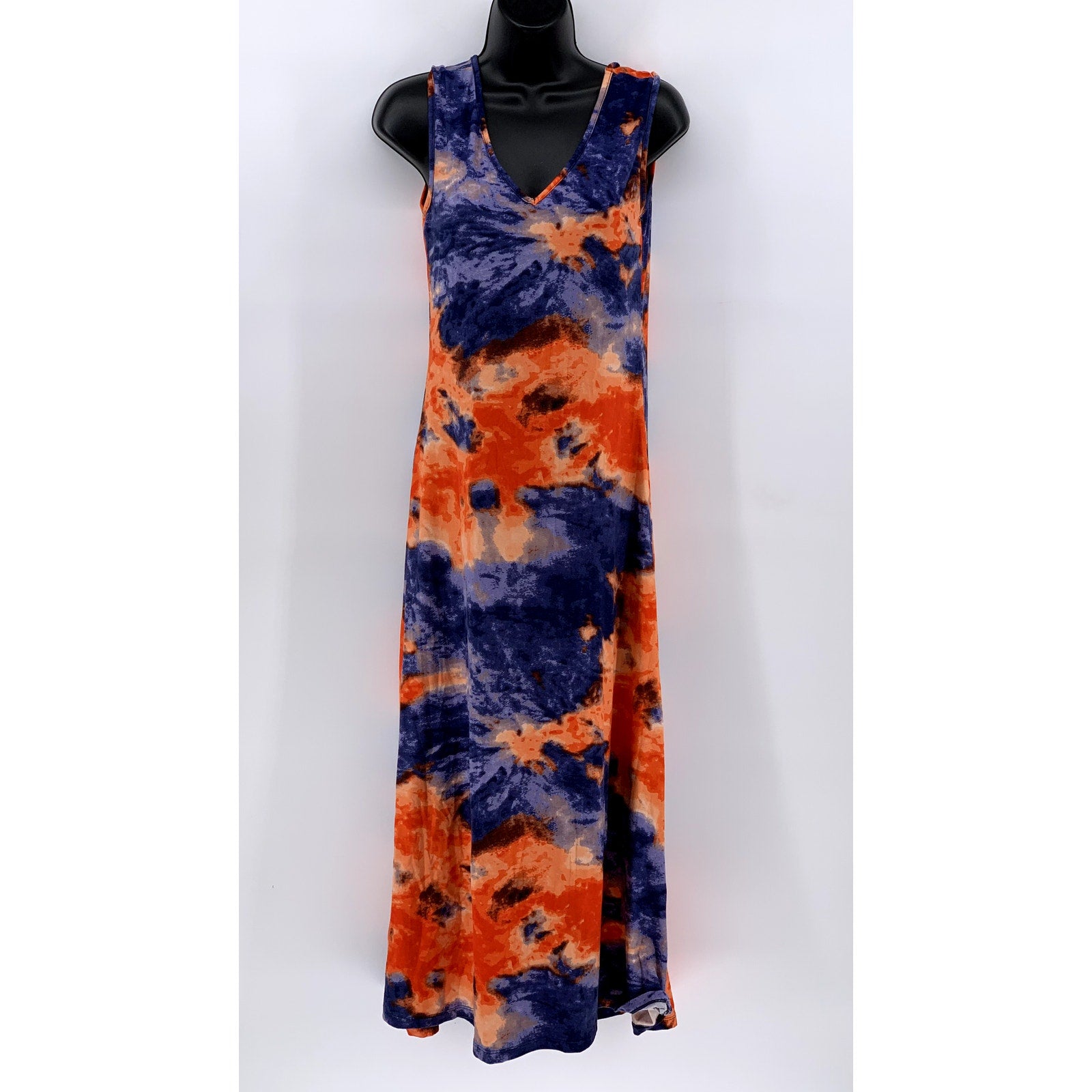 LOVE UNIVERSITY Women's Orange-Blue Tie-Dye V-Neck Tank Maxi Dress SZ M