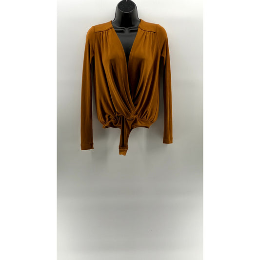 FREE PEOPLE INTIMATELY Women's Orange Surplice Pleated Long Sleeve Bodysuit SZXS