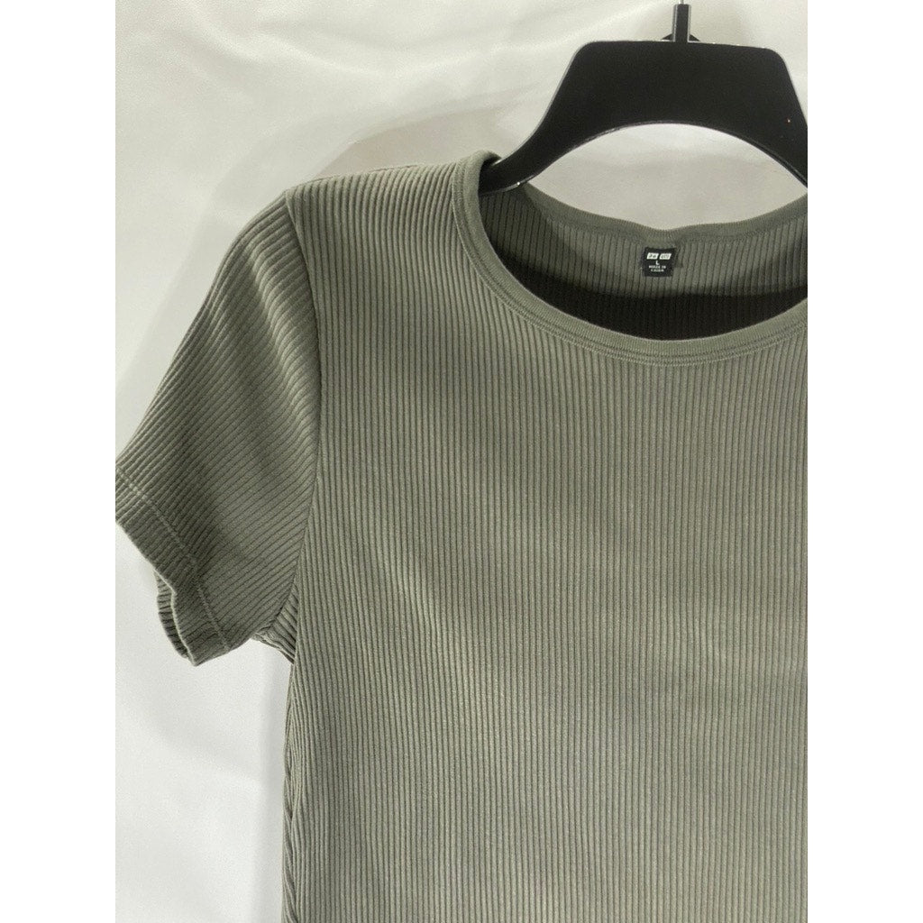 UNIQLO Women's Dark Gray Ribbed Crewneck Short Sleeve Cropped Top SZ L