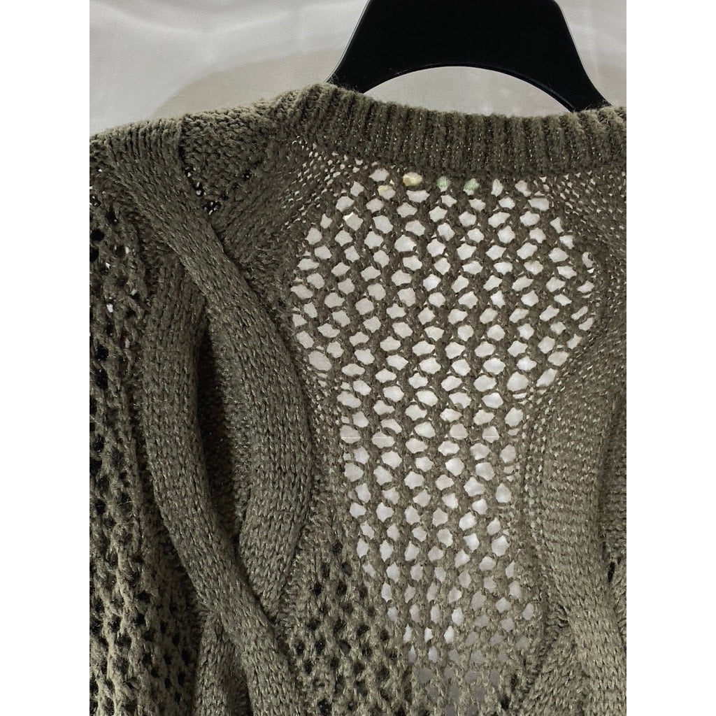 KIMCHI BLUE Women's Brown Crochet Knit V-Neck Long Sleeve Pullover Sweater SZ S