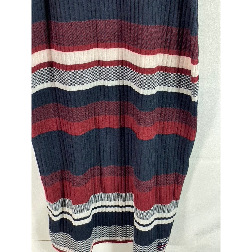 SUPERDRY Women's Navy/Red Striped Crewneck Sleeveless Fitted Midi Dress SZ 12