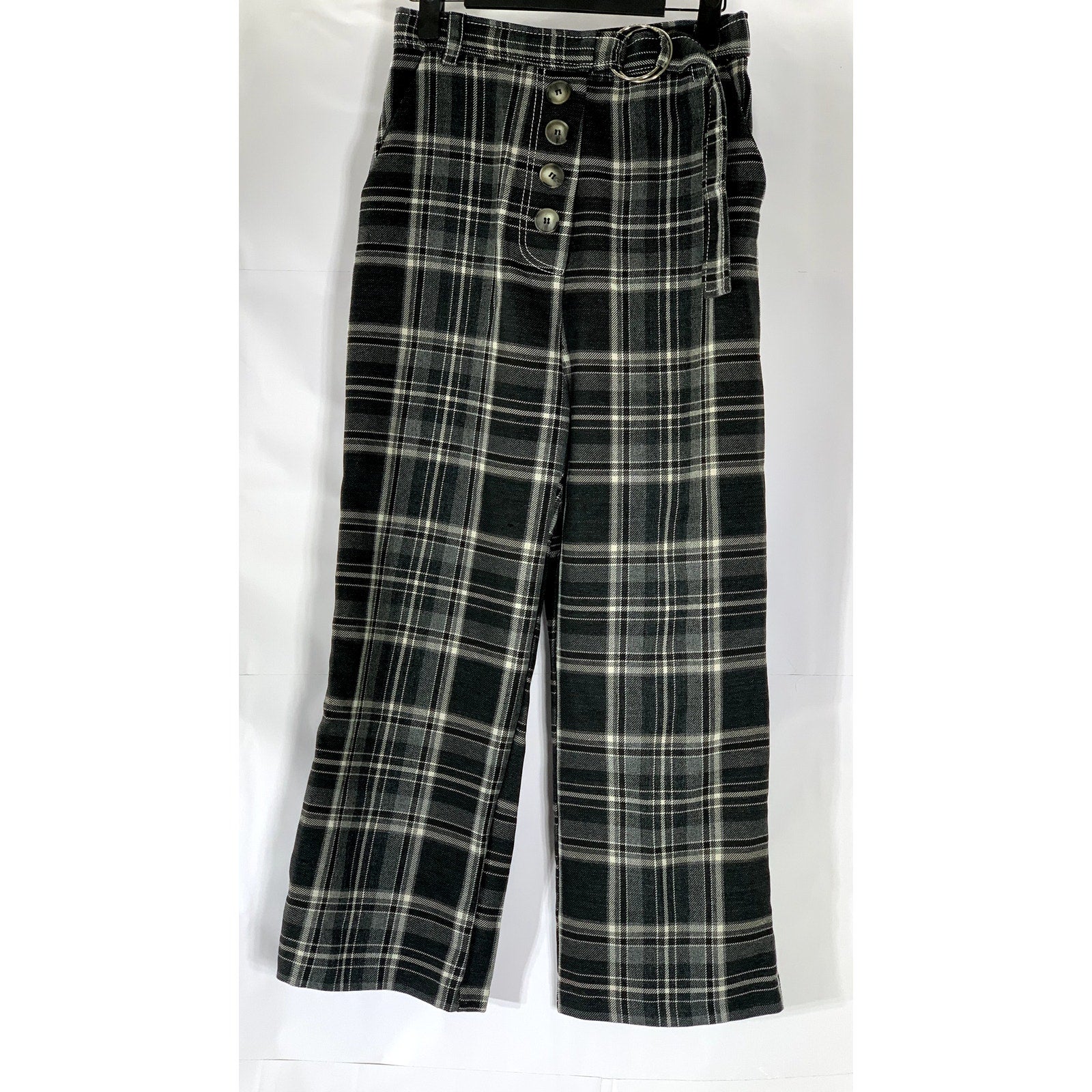 TOPSHOP Women's Black-White Plaid Button-Front Belted Straight-Leg Pant SZ 6