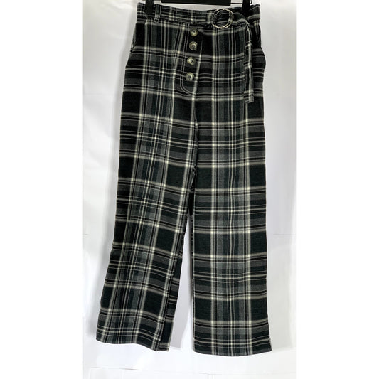 TOPSHOP Women's Black-White Plaid Button-Front Belted Straight-Leg Pant SZ 6
