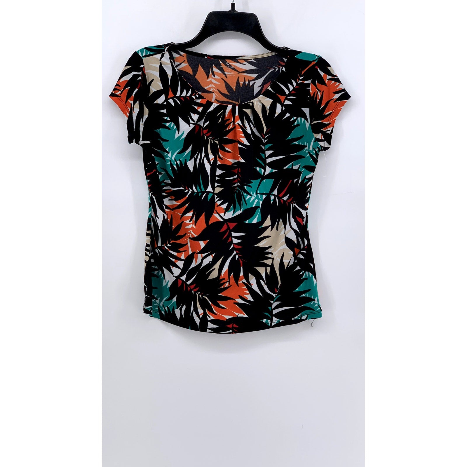 WORTHINGTON Women's Petite Scoop-Neck Multicolor Plant Pattern Shirt SZ S