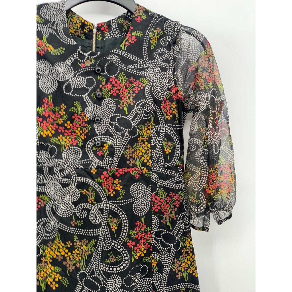 UNBRANDED Black Floral Sheer Long Sleeve A-Line Crewneck Mini Dress SZ S