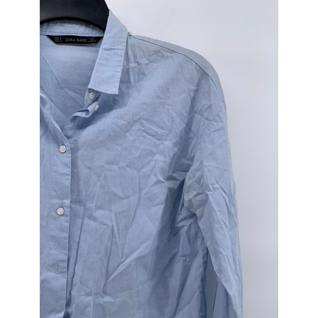 ZARA BASIC Women's Light Blue Cut-Off Button-Up Long Sleeve Top SZ S