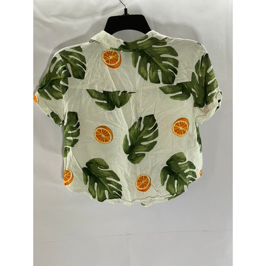 FOREVER 21 Women's Off-White Tropical Button-Up Pocket Short Sleeve Top SZ S
