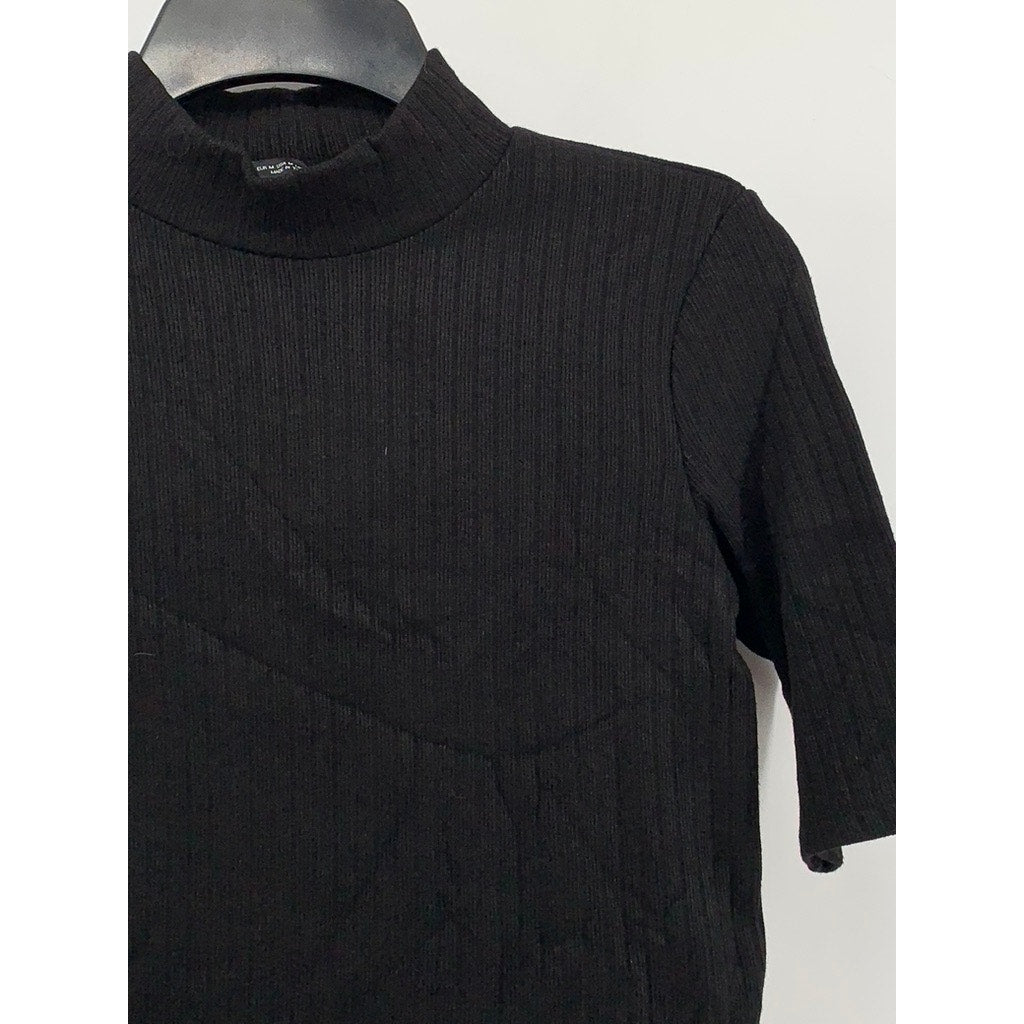 ZARA Women's Black Ribbed Mock-Neck Elbow Sleeve Top SZ M