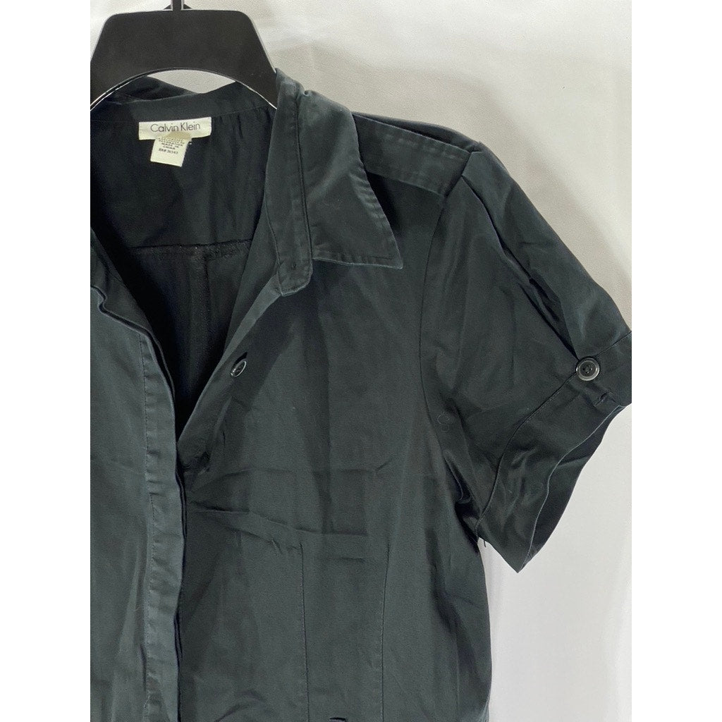 CALVIN KLEIN Women's Black Button-Up Short Sleeve Knee-Length Dress SZ 14