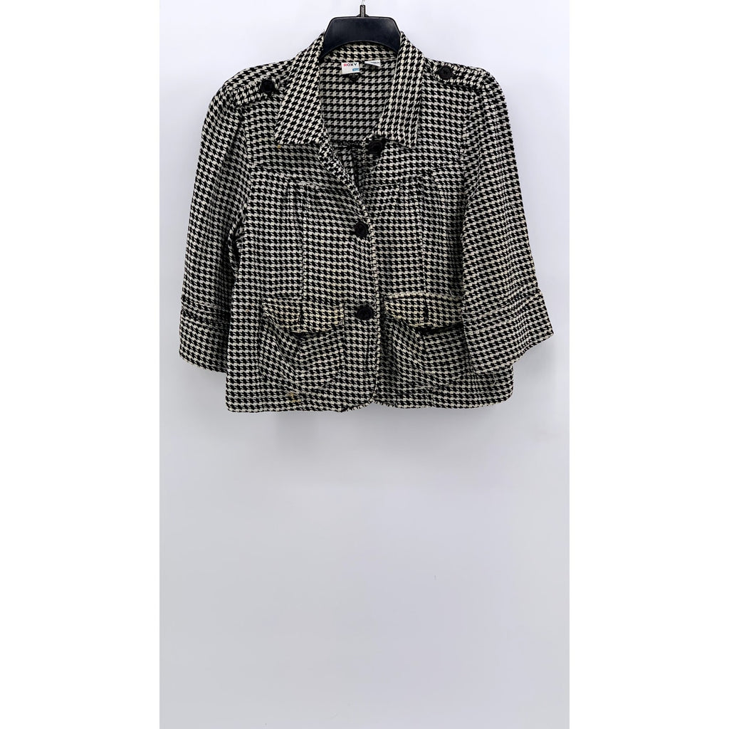 ROXY Women's Black-White Houndstooth Cotton Button-Up Cropped Top SZ XL