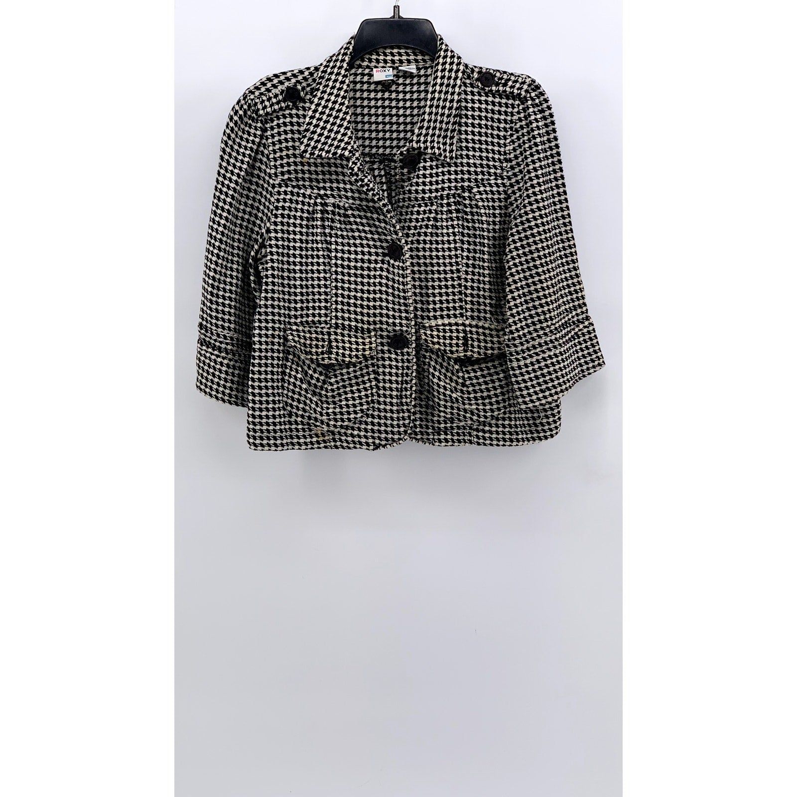 ROXY Women's Black-White Houndstooth Cotton Button-Up Cropped Top SZ XL