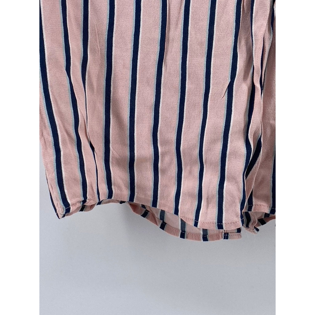 BERSHKA_BSKGIRL Women's Pink-Blue Striped Button-Up Short Sleeve Top SZ M