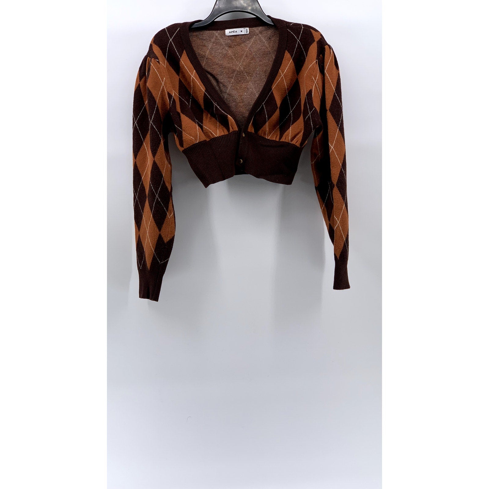 APEA Women's Brown-Orange Plaid Puff Long Sleeve Cropped Cardigan SZ M
