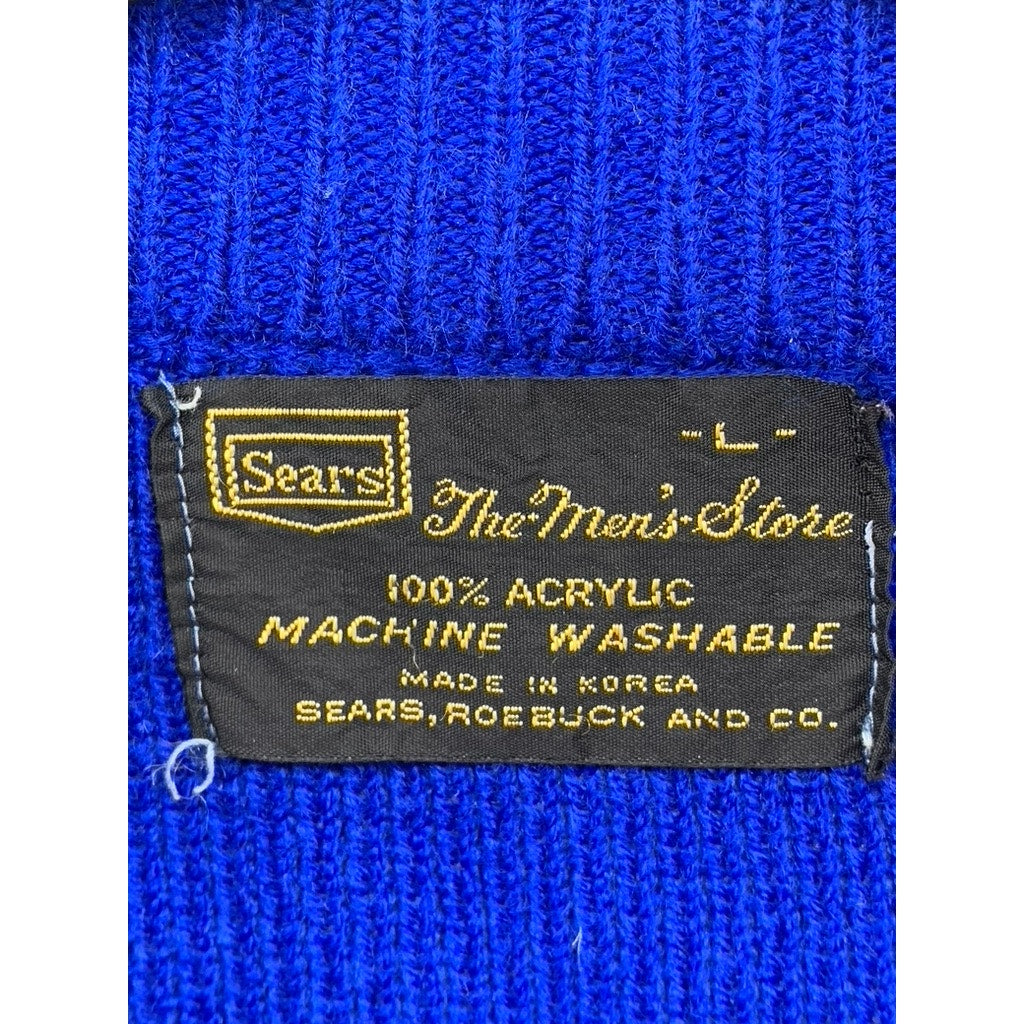 SEARS THE MEN'S STORE Men's Vintage Royal Blue Knit Striped Sweater SZ L