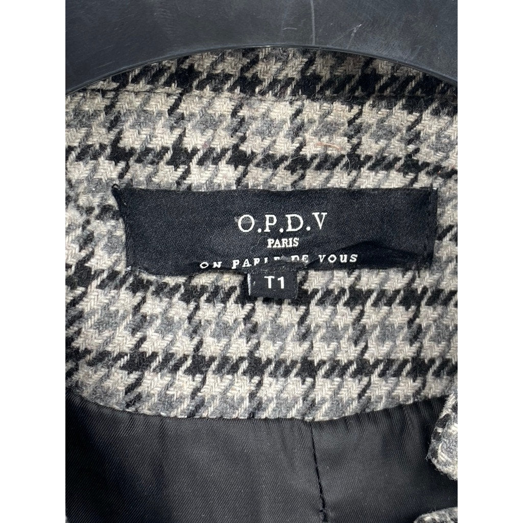 O.P.D.V PARIS Women's Black-Gray Houndstooth Single-Button Peak Lapel Coat SZ S
