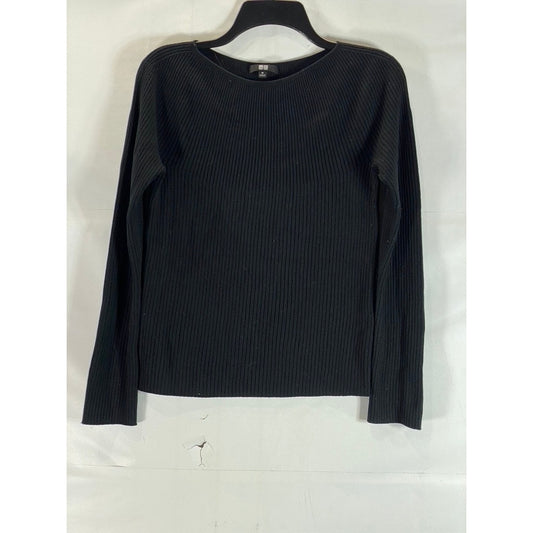 UNIQLO Women's Black Ribbed Crewneck Long Sleeve Top SZ M