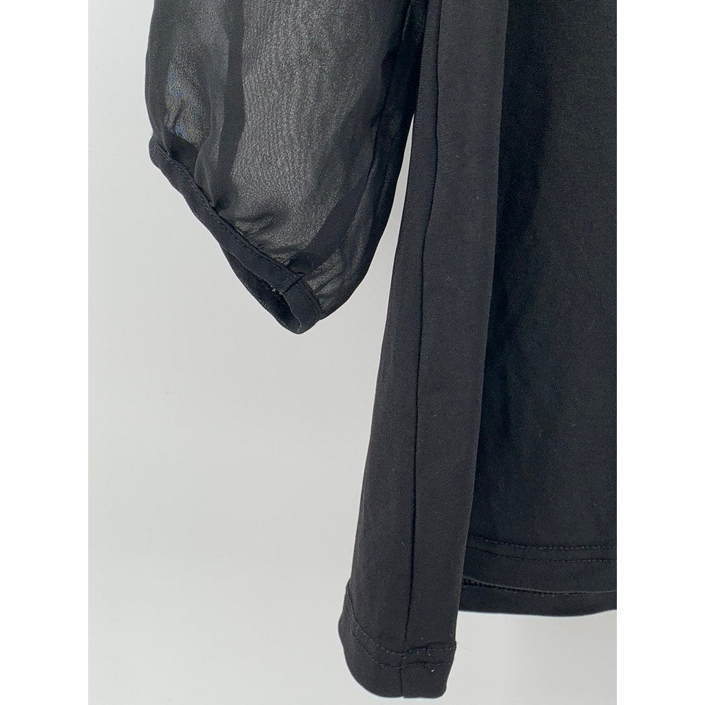 TOPVALU Women's Black Scoop-Neck Lace-Trim Sheer Long Sleeve Top SZ M