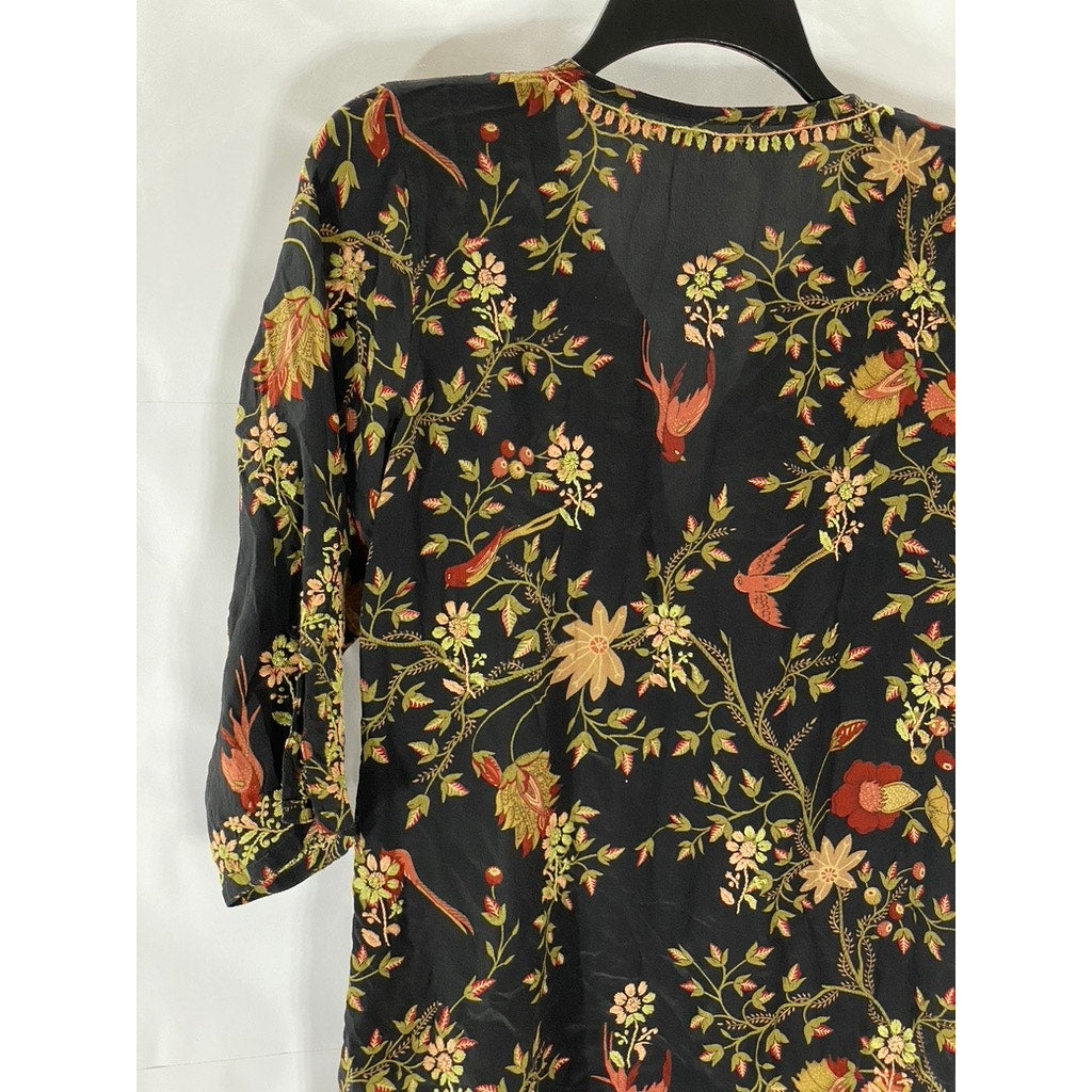 UNBRANDED Women's Black Embroidered Floral Print V-Neck Silk Mini Dress SZ M