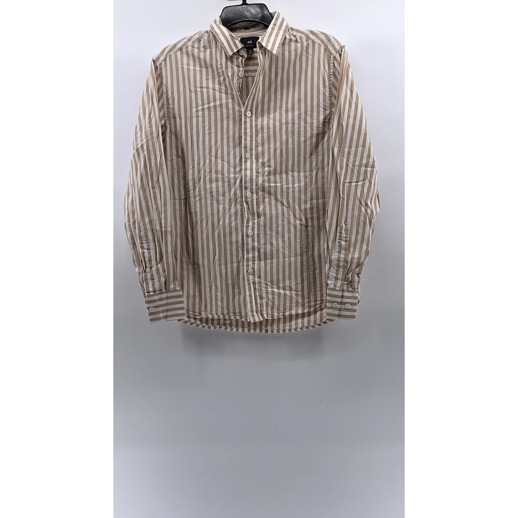 H&M Men's Brown-White Striped Regular-Fit Button-Up Long Sleeve Shirt SZ S