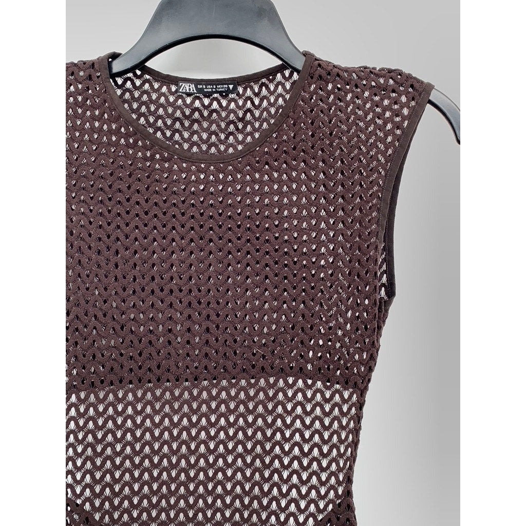ZARA Women's Brown Mesh Cutout Back Sleeveless Crewneck One-Piece Bodysuit SZ S