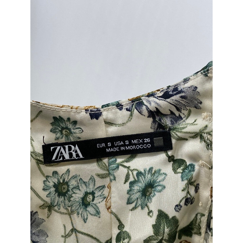 ZARA Women's White Floral Print Scoop-Neck Back-Button Detail Maxi Dress SZ S
