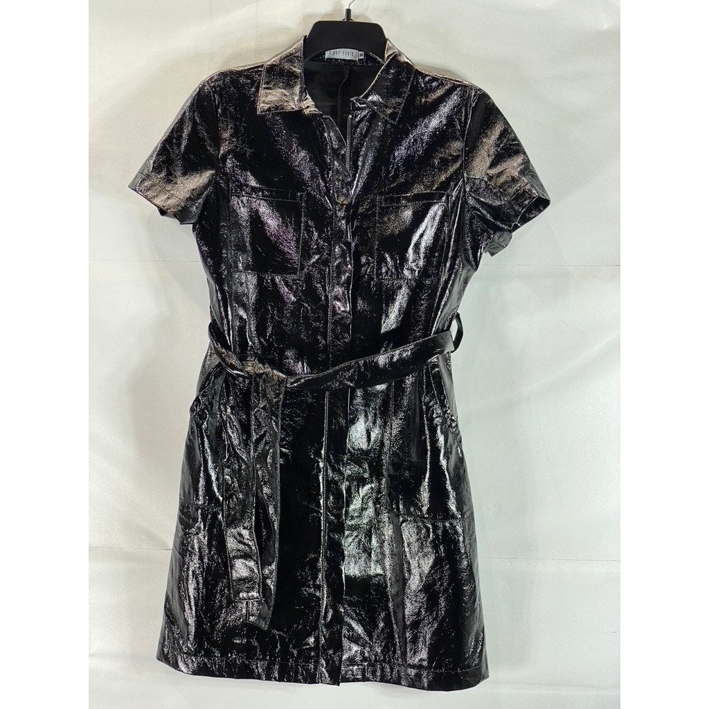 EIGHT PARIS Women's Black Faux-Leather Short-Sleeve Mini Belted Dress SZ M
