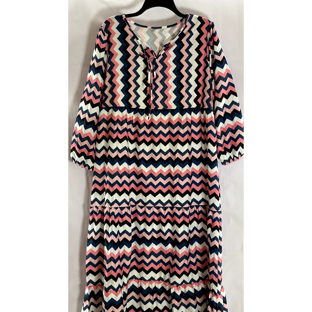 UNBRANDED Women's Pink/Black/White Zig-Zag Tie-Neck 3/4 Sleeve Midi Dress SZ XL