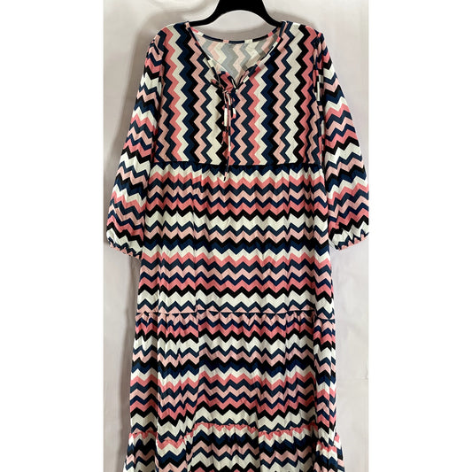 UNBRANDED Women's Pink/Black/White Zig-Zag Tie-Neck 3/4 Sleeve Midi Dress SZ XL