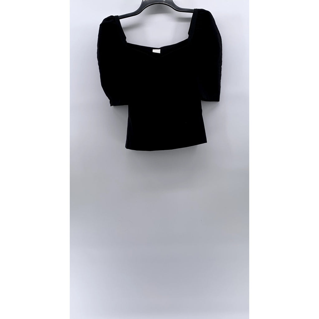 H&M Women's Black Solid Short Puff Sleeve Straight Neck Top SZ M