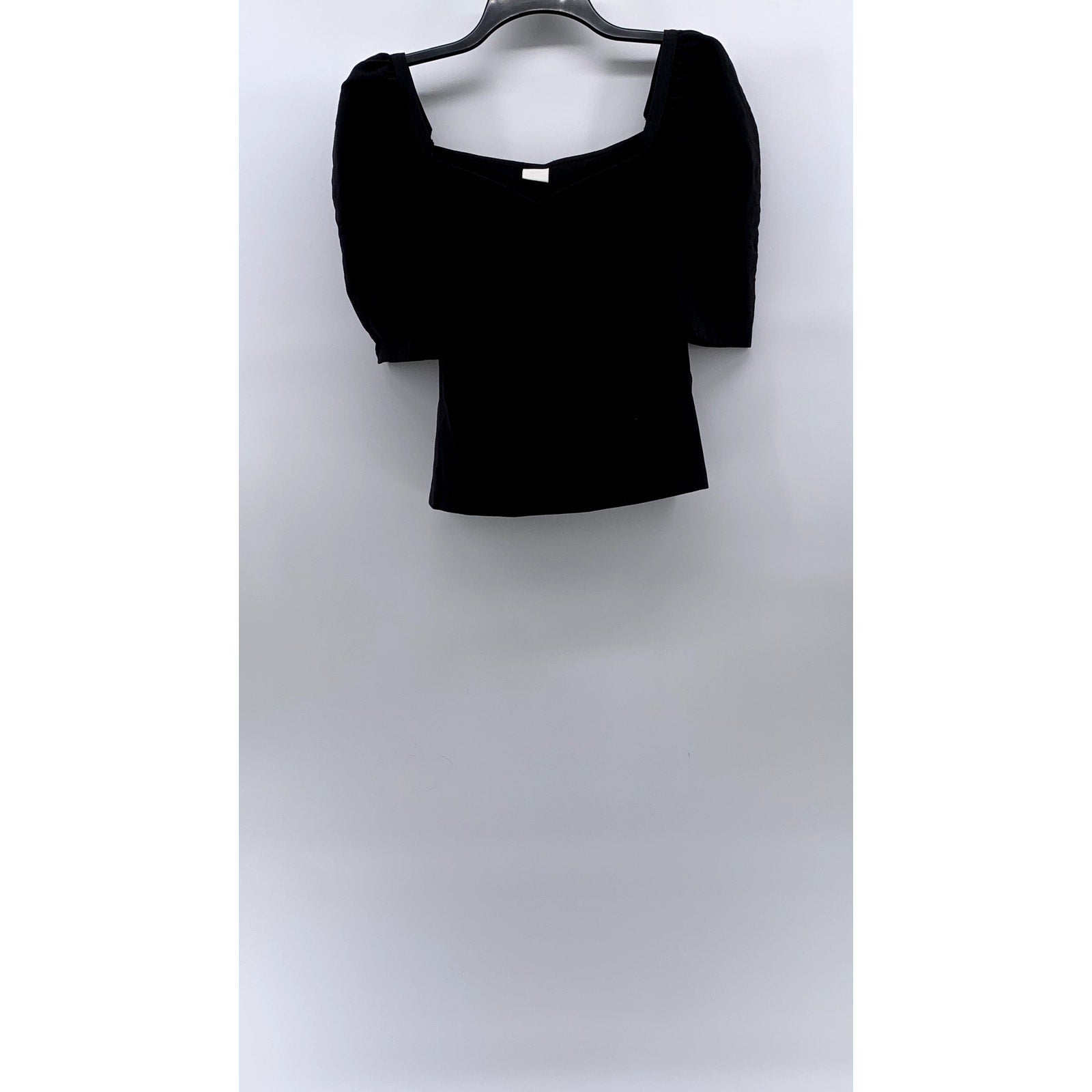 H&M Women's Black Solid Short Puff Sleeve Straight Neck Top SZ M