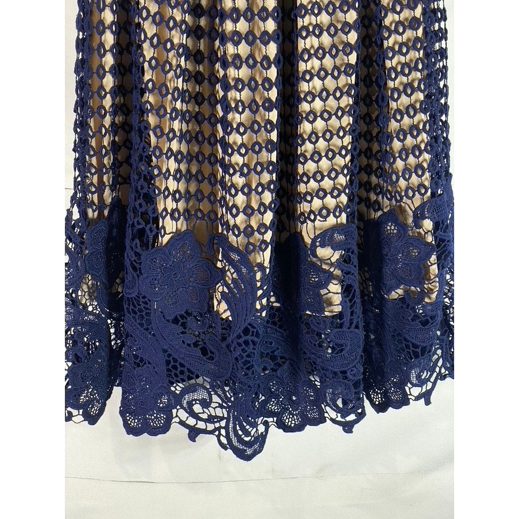 AQUA Women's Navy/Nude Eyelet Lace-Trim Sleeveless A-Line Mini Dress SZ S