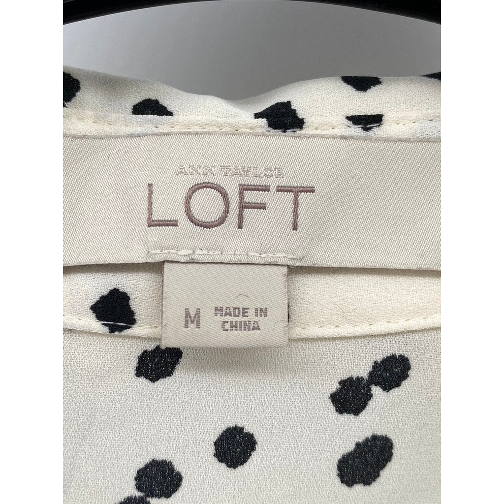 ANN TAYLOR LOFT Women's Cream-Black Dot Print Short Sleeve Button-Up Top SZ M