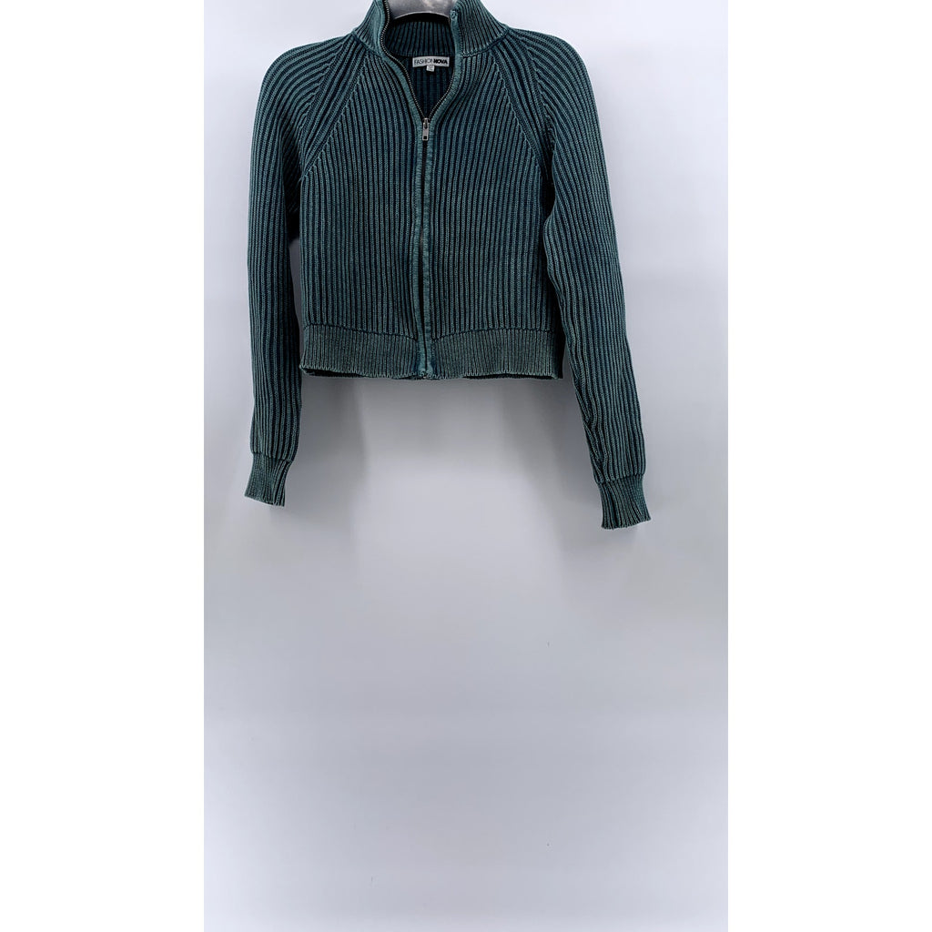 FASHION NOVA Women's Blue Green Ribbed Forward Mock Neck Zip-Up Sweater SZ XS